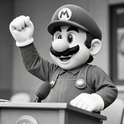 Mario as a 1942 leader doing a speech, black and white, 4K