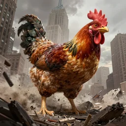stunning, very detailed digital painting of a giant kaiju chicken destroying new york, dramatic, epic, disaster, destruction, chaos, artstation 4 k, high quality