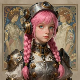 steampunk inventor girl, pink braided hair, portrait, highly detailed, digital painting, artstation, concept art, sharp focus, illustration, art by artgerm and greg rutkowski and alphonse mucha