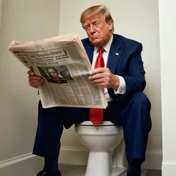 donald trump sitting on a toilet with his pants down, he is looking at a newspaper.