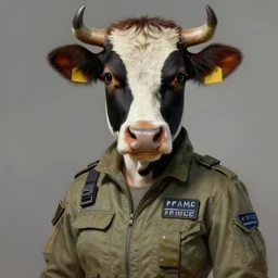 epic professional digital photo of female human - cow hybrid animal wearing air force jumpsuit, humanoid cow head, human eyes, human mouth, airbrush painting, by neal adams and joelle julie, artstation, cgsociety, wlop, epic, much wow, much detail, gorgeous, detailed, cinematic, masterpiece