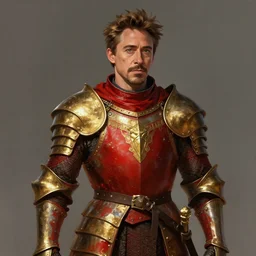 robert downey jr with medieval red and golden armor, highly detailed, digital painting, artstation, concept art, sharp focus, illustration by aleksi briclot, rutkowski