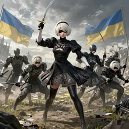 a very high resolution image from nier : automata, featuring 9 s android fighting russian invaders in ukraine
