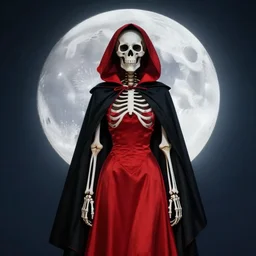 A skeleton dressed in a red dress standing in front of a full moon with a black cape and a red cape over his head
