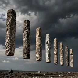 row of disconnected stelae floating in the sky, zdzislaw beksinski