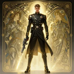 a digital concept ar by artgerm and greg rutkowski and alphonse mucha. full body!! t pose!! clear portrait of a lonely attractive men in uniform!! future military, sci - fi weapon, light effect. hyper detailed, character concept, glowing lights!! intricate, elegant, digital painting, artstation, smooth, sharp focus