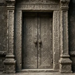 matte painting of the ancient stone door inscribed with magical runes, art by donato giancola and greg rutkowski, symmetry!!