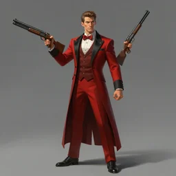 a triple a game concept art of an imp in a red and black suit holding shotguns in both hands, art by cushart krentz and greg rutkowski, elegant, front view, sharp focus, morandi color scheme, fantasy style, illustration, high quality, digital art, hyperrealism, octane render, commission art