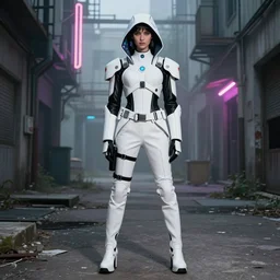 beautiful fashion model with white sci - fi baroque tactical gear, black leather garment, hologram sci - fi hood, full shot fashion photography, misty alleyway, abandoned factory, neon light, by irving penn and storm thorgerson, ren heng, peter elson
