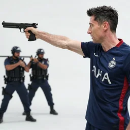 robert lewandowski with a gun, fighting policemen