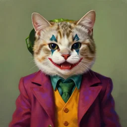 graphic, hyperreal, portraiture illustration of a anthropomorphic ragdoll cat in joker clothes, digital painting, - n 1 0