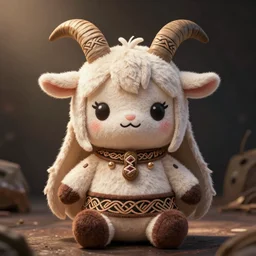 cute fumo plush of a goat girl with horns, anime girl, tribal outfit with intricate celtic knot patterns, gothic maiden, artstation, vray