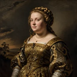 female dwarven noblewoman, chubby short stature, braided intricate hair, by jacob jordaens