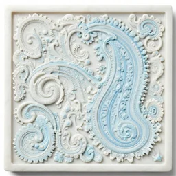 paisley, fractals, swirls, ernst haeckel, carved soapstone relief paneling white and pale blue