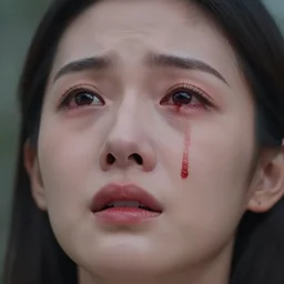 close - up of a woman looking up and crying blood, 4 k, photography, highly detailed