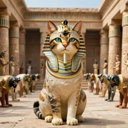 portrait of an egyptian emperor cat in an ancient egyptian temple, crowd bowing, trending on artstation
