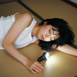 A long-shot, color photograph portrait of a sleeping young Japanese woman in sleeveless white shirt lying on her back on the tatami, night, dark flashlight, 1990 photo from Japanese photograph Magazine.
