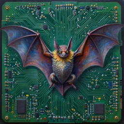 oil painting circuitboard astral bat, highly detailed surrealist painting by albert bierstadt, visionary art by yvonne mcgillivray by mandy jurgens by michael divine