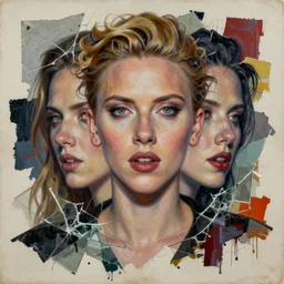 double coloured depressed scarlet johansson jessica alba in law detailed analogue mixed media collage with canvas texture in style of contemporary art, punk art by moebius an bilal, hyperrealistic beautiful face, photorealistic, expressionism, masterpiece, perfect composition, spectacular quality torn paper, intricate oil details, broken glass