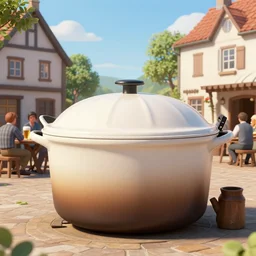 a huge dutch oven in the town. the dutch oven has people drinking beer in front of it, old timey