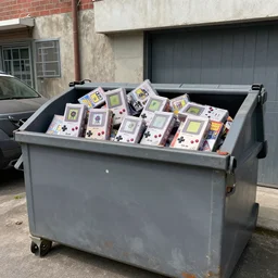 a dumpster behind a ghetto building filled with E.T. Gameboy games