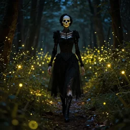 lady death surrounded by fireflies walking away with me, cinematic lighting, wow, establishing shot