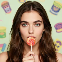 centered detailed portrait of beautiful Clara Morgane, with lollipop, lovely green eyes, background random