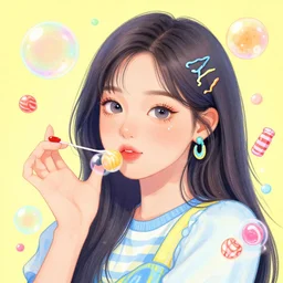 an illustration that caricaturizes im nayeon of twice, colorful, bubbles, candy - coated, sugary sweet, yellows and blues