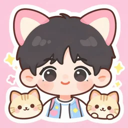 illustration, k - art, chibi characters, with border, cat ears, pastel vibrant, kawaii, human, stiker, icon, cartoon,