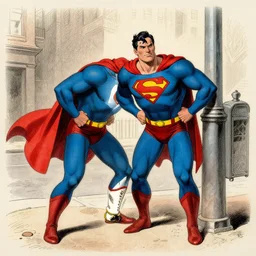 Superman begging for alms on a street corner in the style of a 19th century cartoon