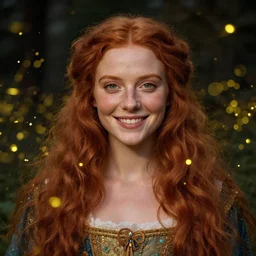 portrait of a happy young woman, among the lights of golden fireflies and nature, long loose red hair, intricate details, green eyes, hint of freckles, round gentle face, gorgeous dress, deep focus, smooth, sharp, golden ratio, hyper realistic digital art by artemisia lomi gentileschi and caravaggio and artgerm