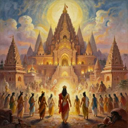 an epic dramatic scene in the colossal city Ayodhya from Ramayan, by syd mead, by paul alexander, by mike masters, oil on canvas, masterpiece, cinematically aesthetic, dynamically beautiful, concept art, beautiful lighting, 8K