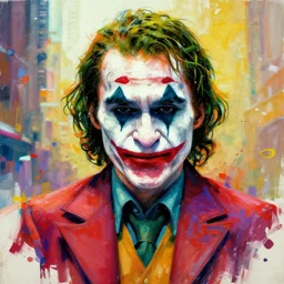abstract portrait of the joker 2 0 1 9 in gears of war, city in background, beautiful abstract the joker 2 0 1 9, rule of thirds, face symmetry, colorful spray paint splash, expressive, abstract art, by jeremy mann, by alphonse mucha, by monet, 4 k, 8 k, correct body proportions, cinematic style, female shape shading
