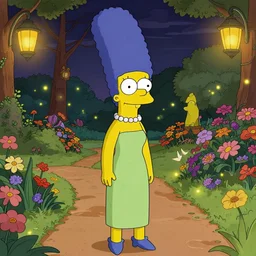 well - lit art nouveau portrait of marge simpson with hair blowing in the wind in a flower garden with lanterns and fireflies at night,, natural lighting, path traced, highly detailed, high quality, cartoon, digital painting, by don bluth and alphonse mucha and ross tran