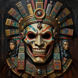 Doom themed painting of undead aztec shaman symmetrical evil grin face mask pattern concept, intricate artwork by H.R. Giger, Johnatan Wayshak, Zdizslaw Beksinski, Ayami Kojima, Amano, Karol Bak, Greg Hildebrandt, and Mark Brooks, Neo-Gothic, gothic, rich deep colors, art by Takato Yamamoto, masterpiece, face by Artgerm, very coherent artwork, cinematic, hyper realism, high detail, octane render, unreal engine, 8k, High contrast, golden ratio, trending on cgsociety