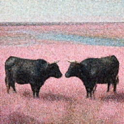 epic scene, concept art by Maciej Kuciara, highly detailed, ultra realistic two black bull stay face to face on pink a clearing with pink grass and a river long-range plan without human