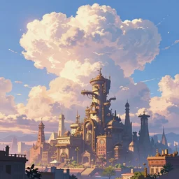 concept art of an steampunk city by ayami kojima, cumulonimbus clouds, sunset, nostalgic, very very very beautiful art, cinematic lighting, bright pastel color, blue sky