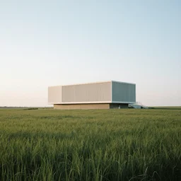 A serene landscape with a singular building in the style of art modern