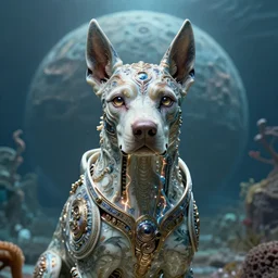 closeup symmetry! biblical diabolical bautiful cyborg dog with glowing veins, intricate detailed porcelain armor, ocean on alien planet titan, underwater photography, by gerald brom, by mikhail vrubel, by peter elson, muted colors, extreme detail, trending on artstation, 8 k
