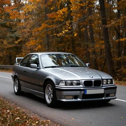 A BMW e36 parked in a road with trees, autumn season, Epic photography, taken with a Leica camera, 50 mm, depth of field