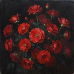 oil painting of many various red flowers painted on a black background, dark atmosphere, realistic flowers oil painting