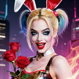closeup portrait of seductive goddess varga jessica rabbit margot robbie as harley quinn posing, roses, energy, jim lee, frank miller, gotham city, futurepunk, pinup, nagel, glamour pose, moebius, gta v, dan mumford, mucha, nagel, fantasy tarot card, d & d, neon, black paper, vibrant, greg rutkowski,