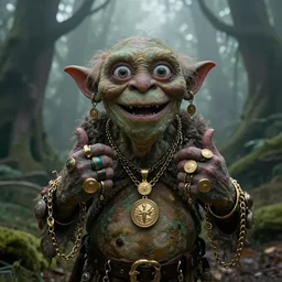 Gollum covered in rings and gold chains and medallions in a dark forest, cinematic, foggy atmosphere, enthusiastically showing off his jewelry, photograph