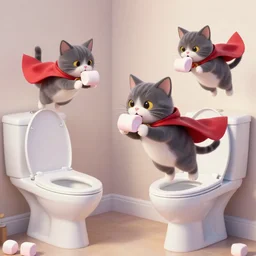 flying cats weraing capes eating marshmallows, flying toilets nearby - g
