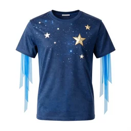 costume design, a fantasy steampunk tshirt made of stars, with transparent blue streamer