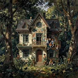 a house in the forest by h. r giger, intricate, miles johnston, kuroda seiki, cynical realism, ozabu, john william godward, painterly, yoshitaka amano, moebius, miles johnston, louise zhang, james jean, mark ryden