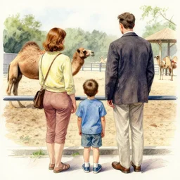 rear view of a young boy standing between his mom and dad at a camel exhibit at the zoo, watercolor and pencil by norman rockwell