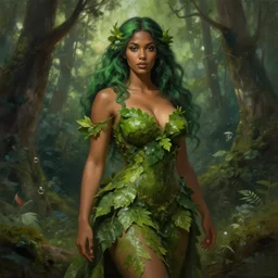 portrait of a forest mage, female, dress made of green leaves, gorgeous, green hair, brown skin, curves, forest background, digital painting, artgerm and greg rutkowski and alphonse mucha