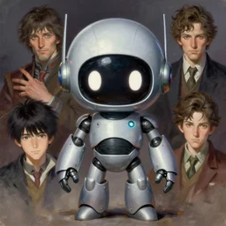 a scary and intense chibi robot mascot character posing for a picture, digital painting, masterpiece by rembrandt and thomas kinkade and frank frazetta and kentaro miura, by reiq and tite kubo, stylized yet realistic faces and anatomy, advanced lighting technology, beautiful, gorgeous brush strokes