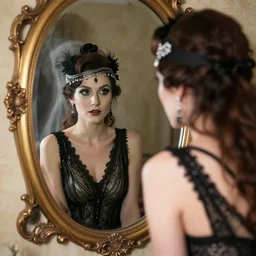 a 1 9 2 0 s flapper beautiful woman reflected in an ornate mirror sees a ghostly old hag looking over her shoulder